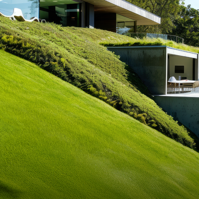 Kress robotic mower on a steep lawn beside a modern home