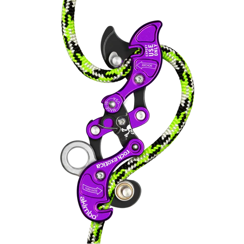 Akimbo 2. Purple and black climbing device with green rope on a white background