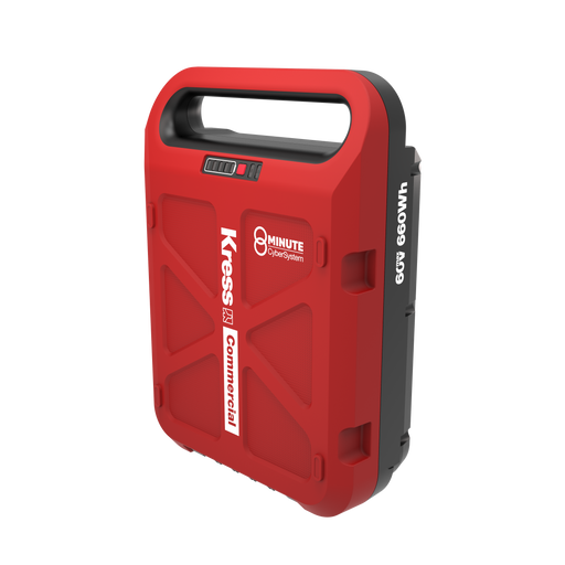 Angled view of the Kress KAC810 60V CyberPack Battery showing the carry handle, charge indicator and 660 Wh marking
