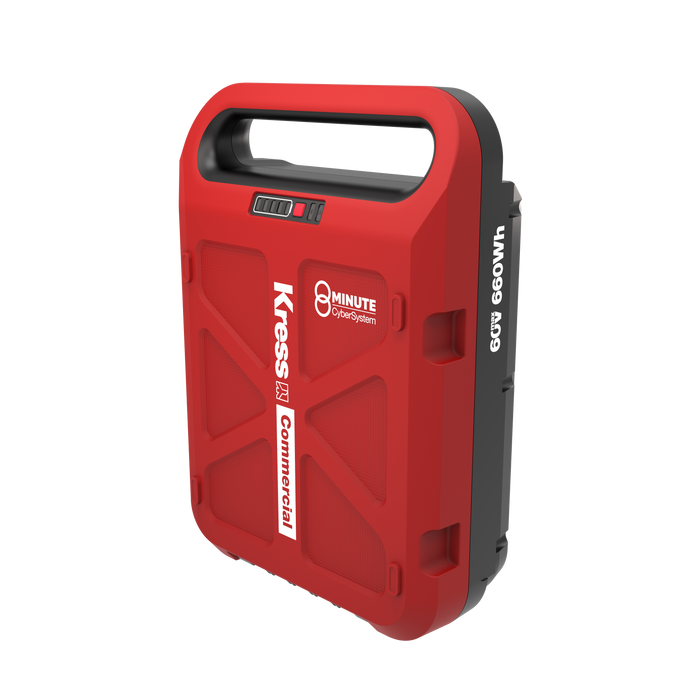 Angled view of the Kress KAC810 60V CyberPack Battery showing the carry handle, charge indicator and 660 Wh marking