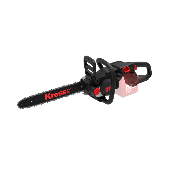 Angled view of the Kress KC300.9 chainsaw showing the front handle, chain brake guard and oil cap
