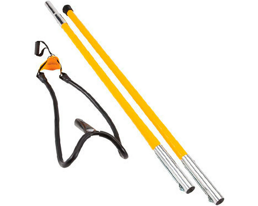 A set of yellow arborist poles with a black head and a safety harness.