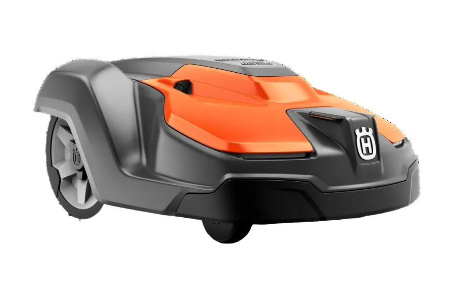 Robotic lawn mower with orange and gray design on a white background